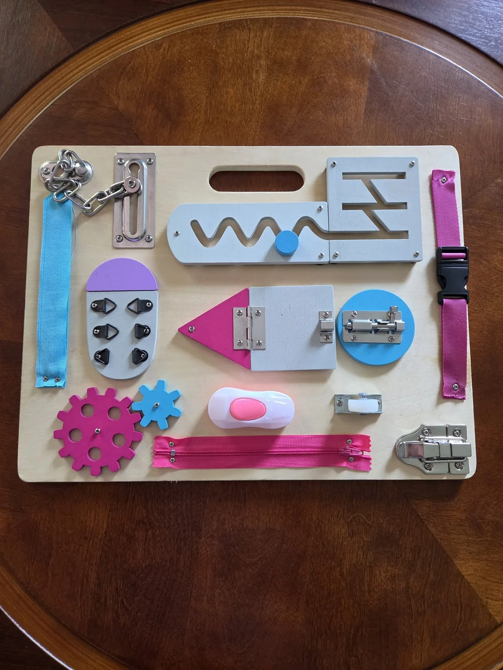 Wooden Montessori Busy Board for Kids - Pink, Turquoise, White